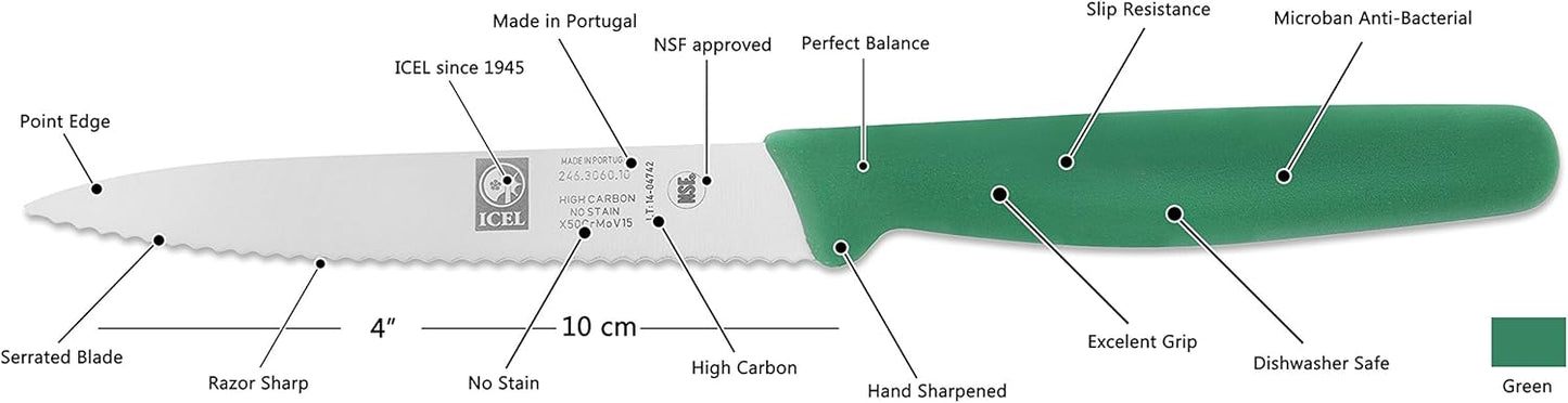 ICEL 4 Inch Paring Knife, Serrated Edge - Point Tip - High Carbon German Stainless Steel Razor-Sharp Blade, Yellow Handle