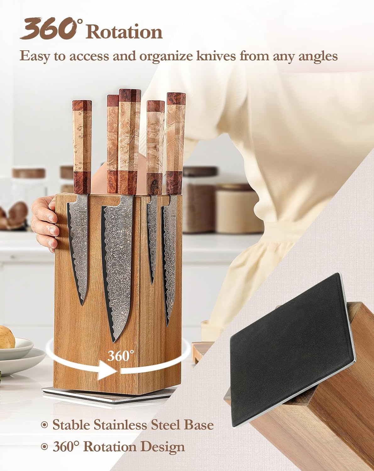 Strong Double Sided Magnetic Knife Block Without Knives, with Acacia Wood+430 Stainless Steel Base，Magnetic Universal Stands with Strong Enhanced Magnets Strip Kitchen Storage Cutlery Large Organizer