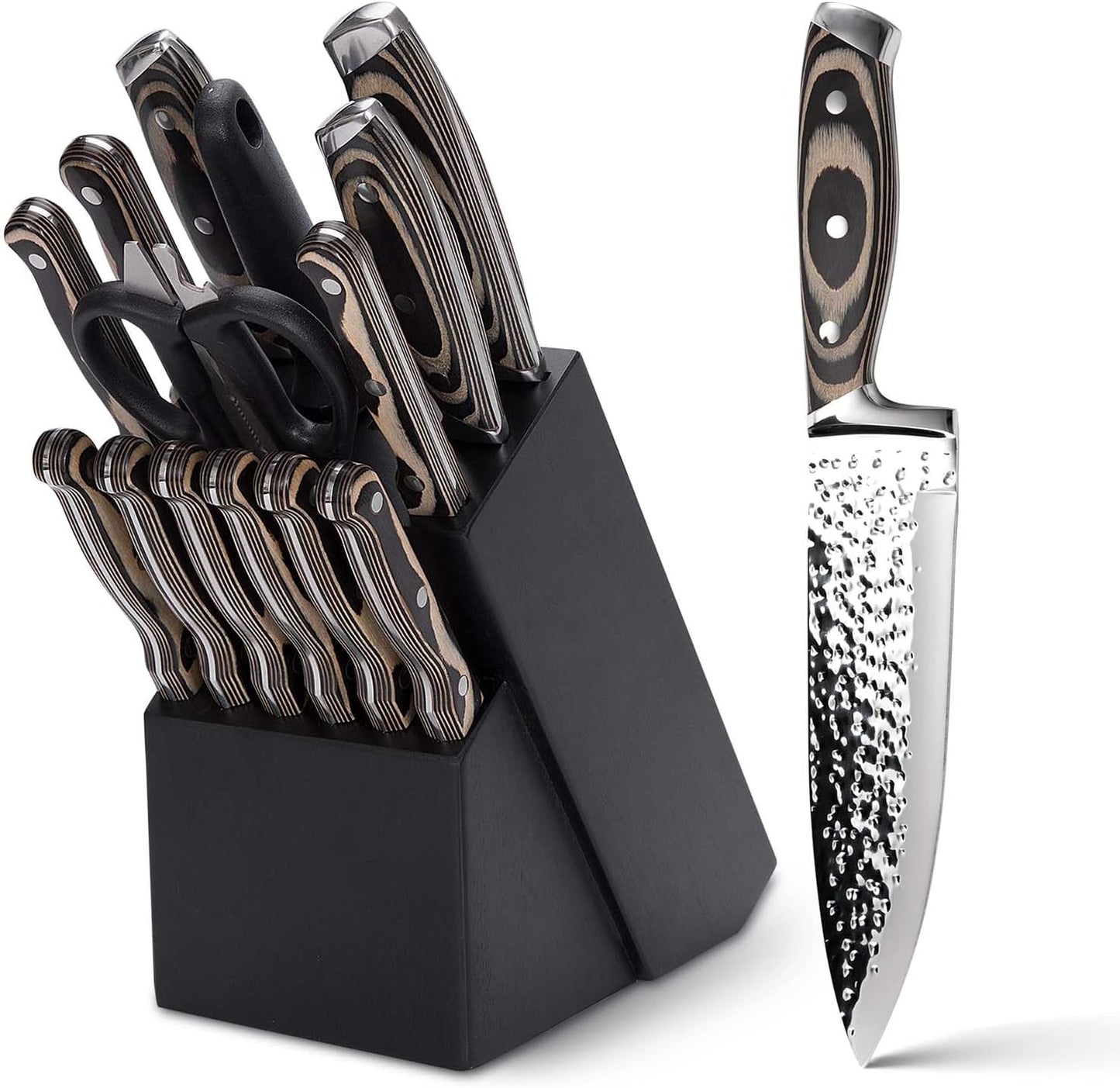 Kitchen Knife Set,15-Piece Knife Set With Block Wooden,Self Sharpening For Chef Knife Set,High Carbon Japan Stainless Steel Hammered Collection Knife Block Set with Steak Knives, Boxed Knife Set