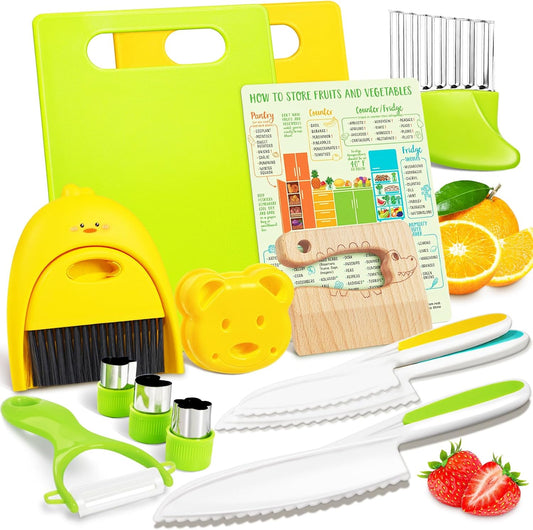 Suhctuptx Toddler Knife Set, Kids Knife Set for Real Cooking, Kid Safe Knives with Cutting Board Crinkle Cutters Montessori Kitchen Toys, Toddler Girl Gifts Age 3 4 5 6 7 8 Year Old
