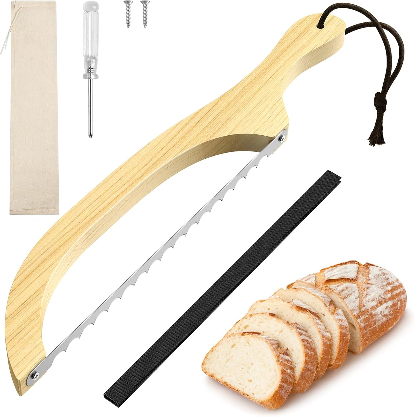 Bread Knife for Homemade Bread – 16" Walnut Bow Bread Cutter with Ultra-Sharp Serrated Stainless Steel Blade, Sourdough Bread Knife for Bagels, Baguettes, and Rustic Loaves - Walnut Color