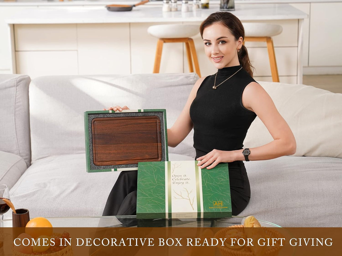 AZRHOM Large End Grain Walnut Wood Cutting Board 17x13x1.5 in Thick Butcher Block for Kitchen with Non-slip Mats Juice Groove & Handles (Gift Box)