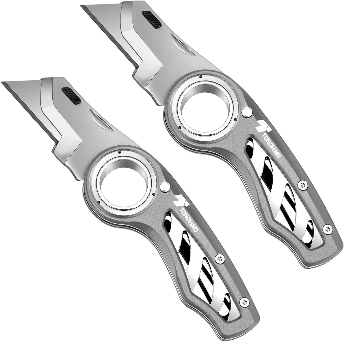 Tondiamo 4 Pcs Folding Pocket Utility Knife Heavy Duty Box Cutter Folding Razor Knife with Anti Slip Finger Loop Easy Change Blades 3 Lock Positions Design (Yellow,Red,Black,Green)