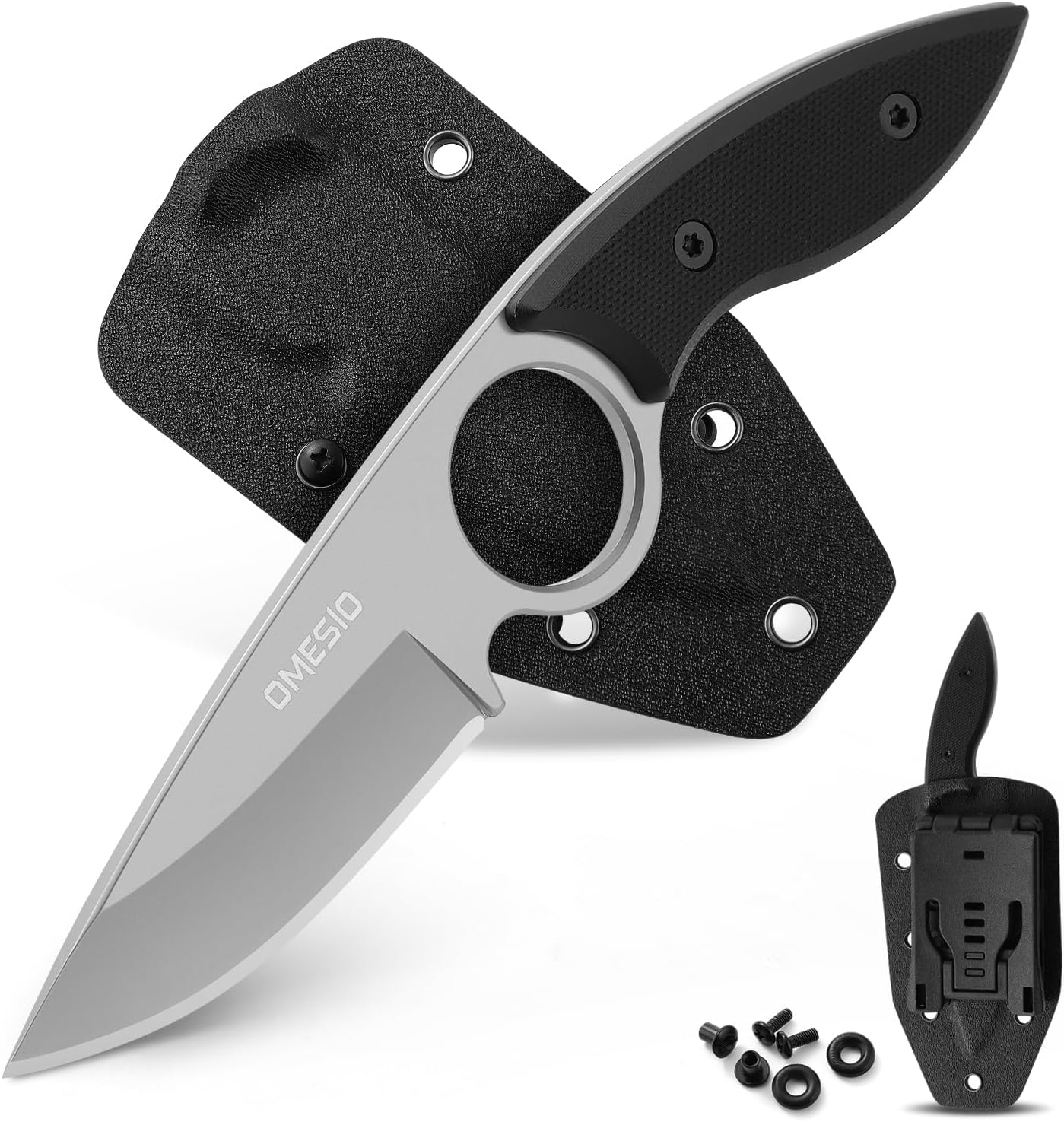Omesio Small Fixed Blade Knife, Tactical Hunting Camping Knife with Kydex Sheath, Full Tang Stainless Steel Compact EDC Neck G10 Handle with Gift Box for Men (Black)