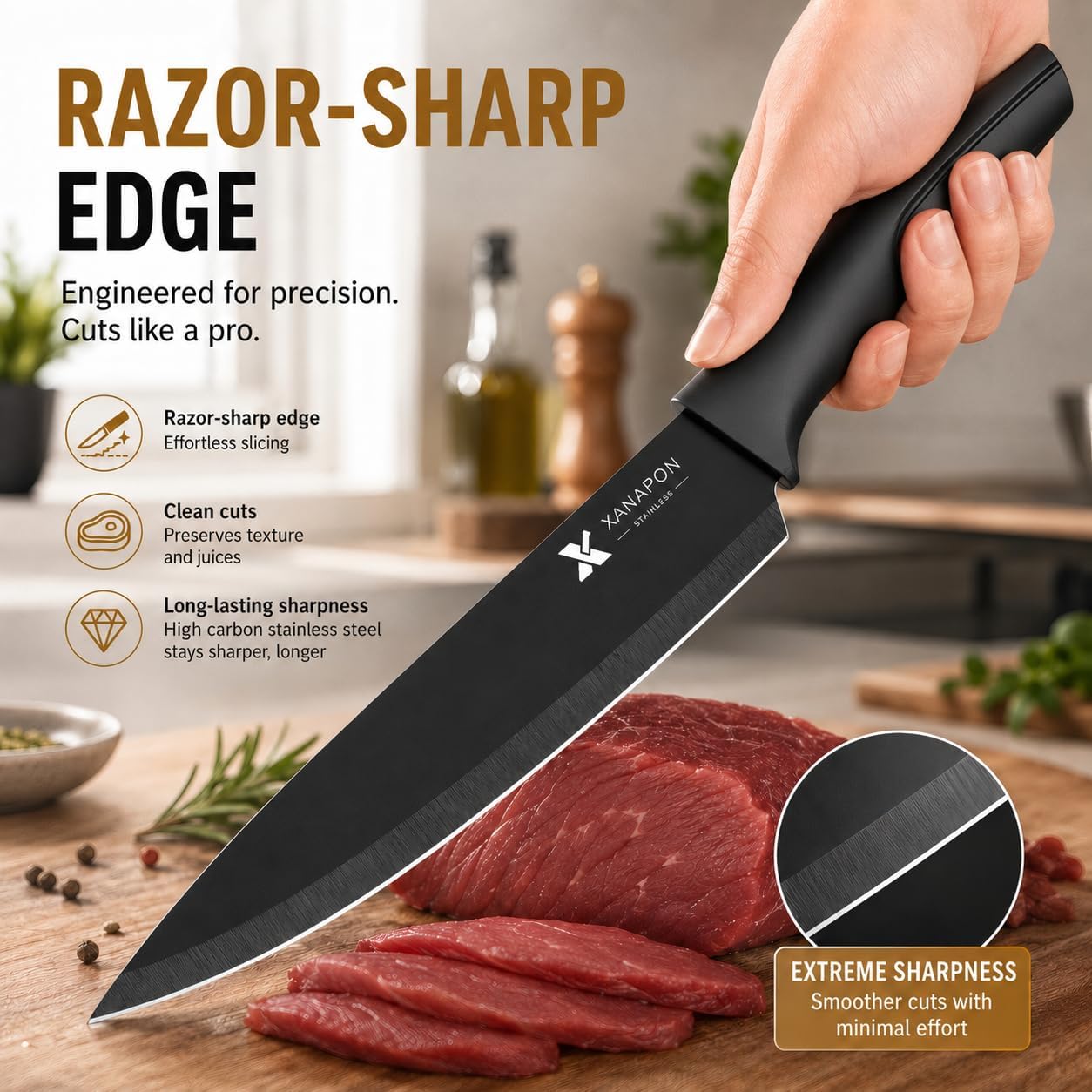 XANAPON 19-Piece Black Kitchen Knife Set with Block and Built-in Sharpener, High Carbon Stainless Steel Chef Knives Set for Kitchen with 8 Steak Knives, Ergonomic Handles, Perfect Housewarming Gift