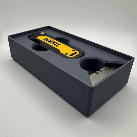 Gridfinity Compatible Insert with Blade Holder for DeWalt Retractable Utility Knife Organizer Tray, Dark Gray PLA, 4x2 Unit, Precision Fit for Model DWHT10991- TOOL NOT INCLUDED-