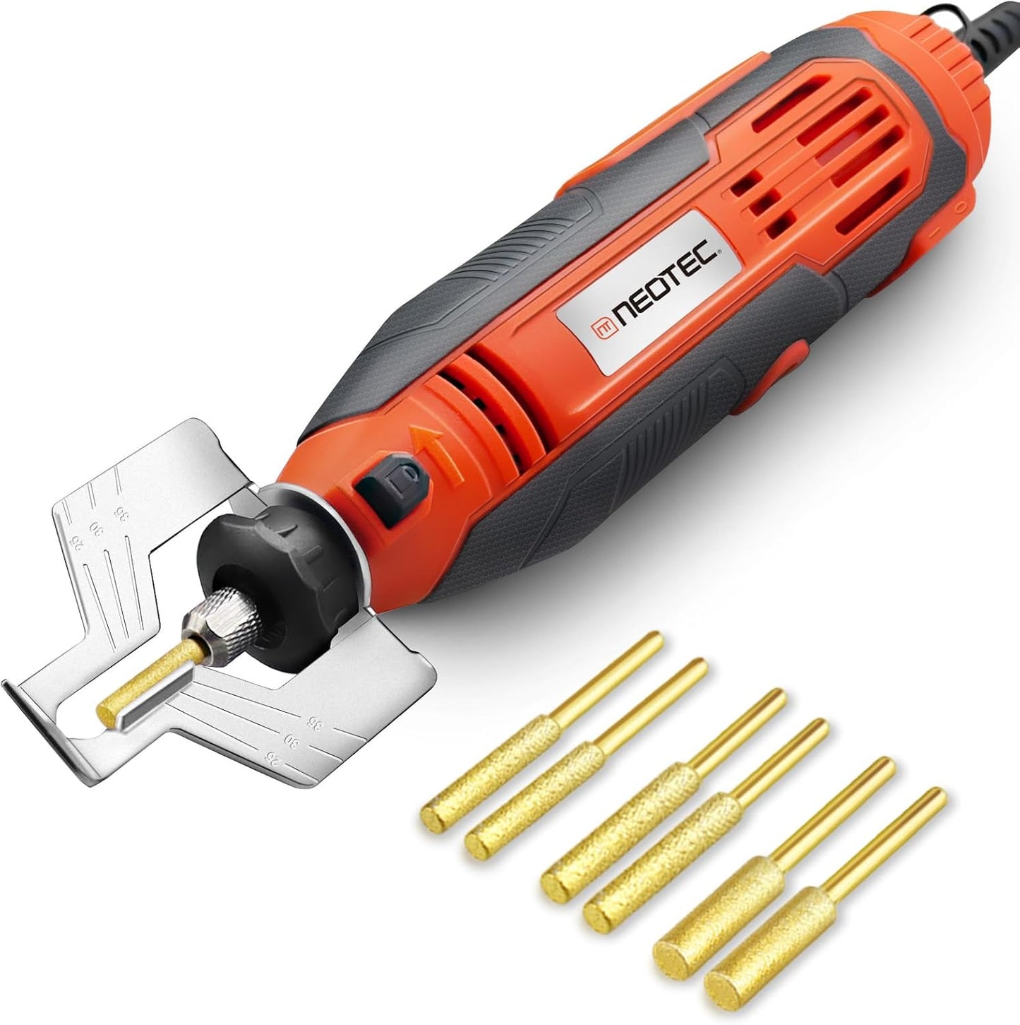 NEO-TEC Electric Chainsaw Sharpener Kit On-Saw Quick Sharpening Tool with Angle Guide 6 Titanium Diamond Bits Restores Dull Chains in Minutes for Forestry Professionals and DIY Yard Work