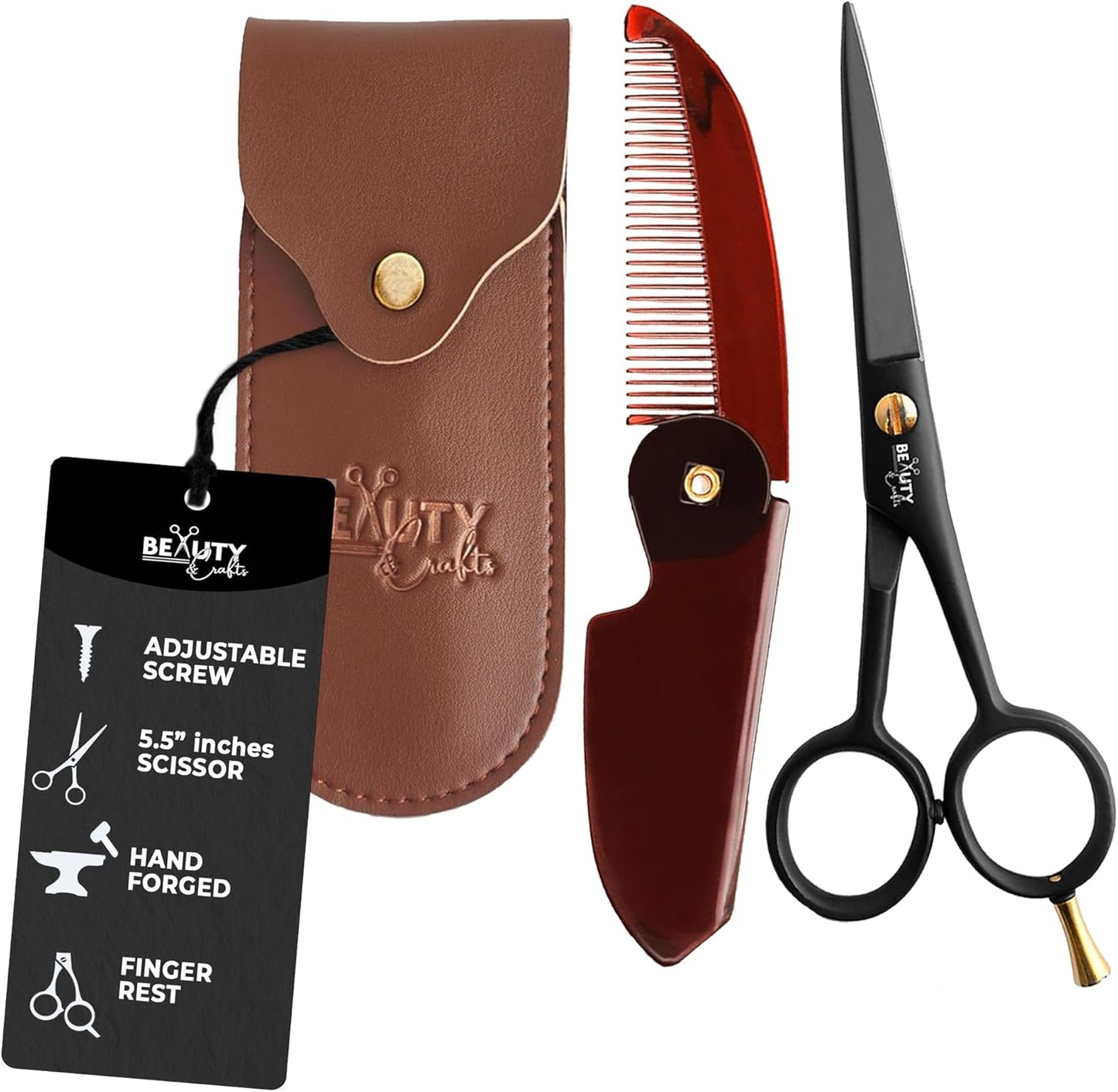 Beauty & Crafts 5” Professional Beard & Mustache Scissors for Men | German Stainless Steel Beard Trimming Shears with 2 Mustache Combs & Premium Pouch for All Facial Hair (Black)