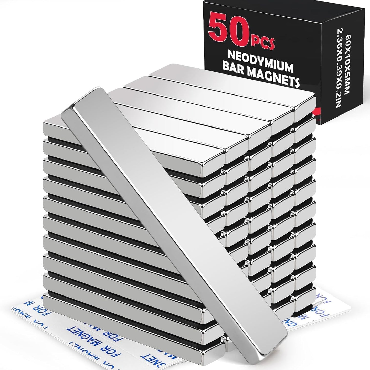 LOVIMAG Magnets with Adhesive Backing, Magnet Strips Heavy Duty, Flat Magnets for Whiteboard, Craft, Fridge, Office, Kitchen, Science - 60 x 10 x 3mm, Pack of 5