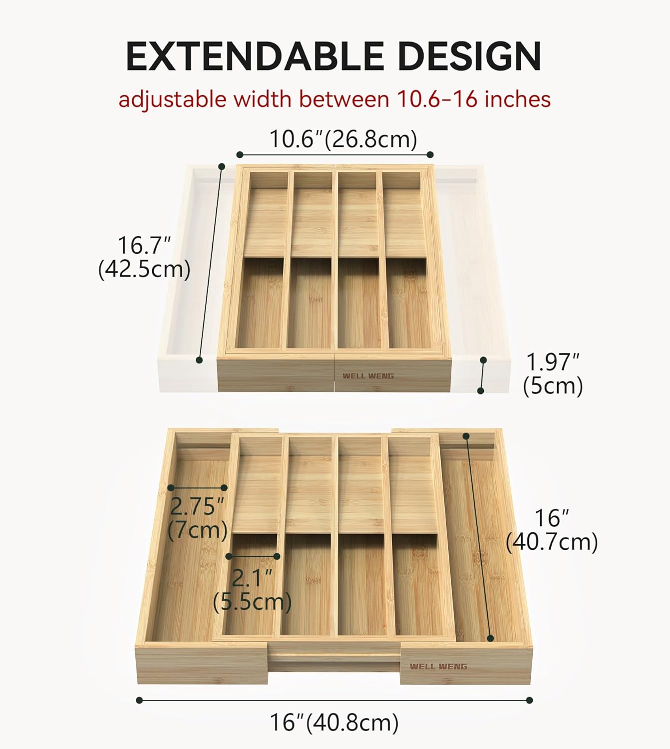 Silverware Organizer, Utensil Drawer Organizer & Cutlery Tray Dividers for Spoons Forks Knives (10 Slot,Natural Bamboo), 16”Dx12.3”Wx1.7”H