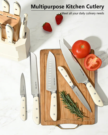 13 Piece Knife Set，Kitchen Knife Block Set，White stainless steel knife set with sharpener for Chopping, Slicing, Dicing & Cutting，Dishwasher safe
