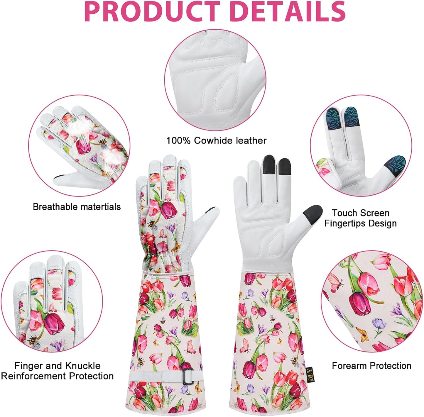 DLY Gardening Gloves for Women, Rose Gloves Gardening Thorn Proof, Long Garden Gloves for Women, Breathable Cowhide Leather Gauntlet (Medium, Blue)