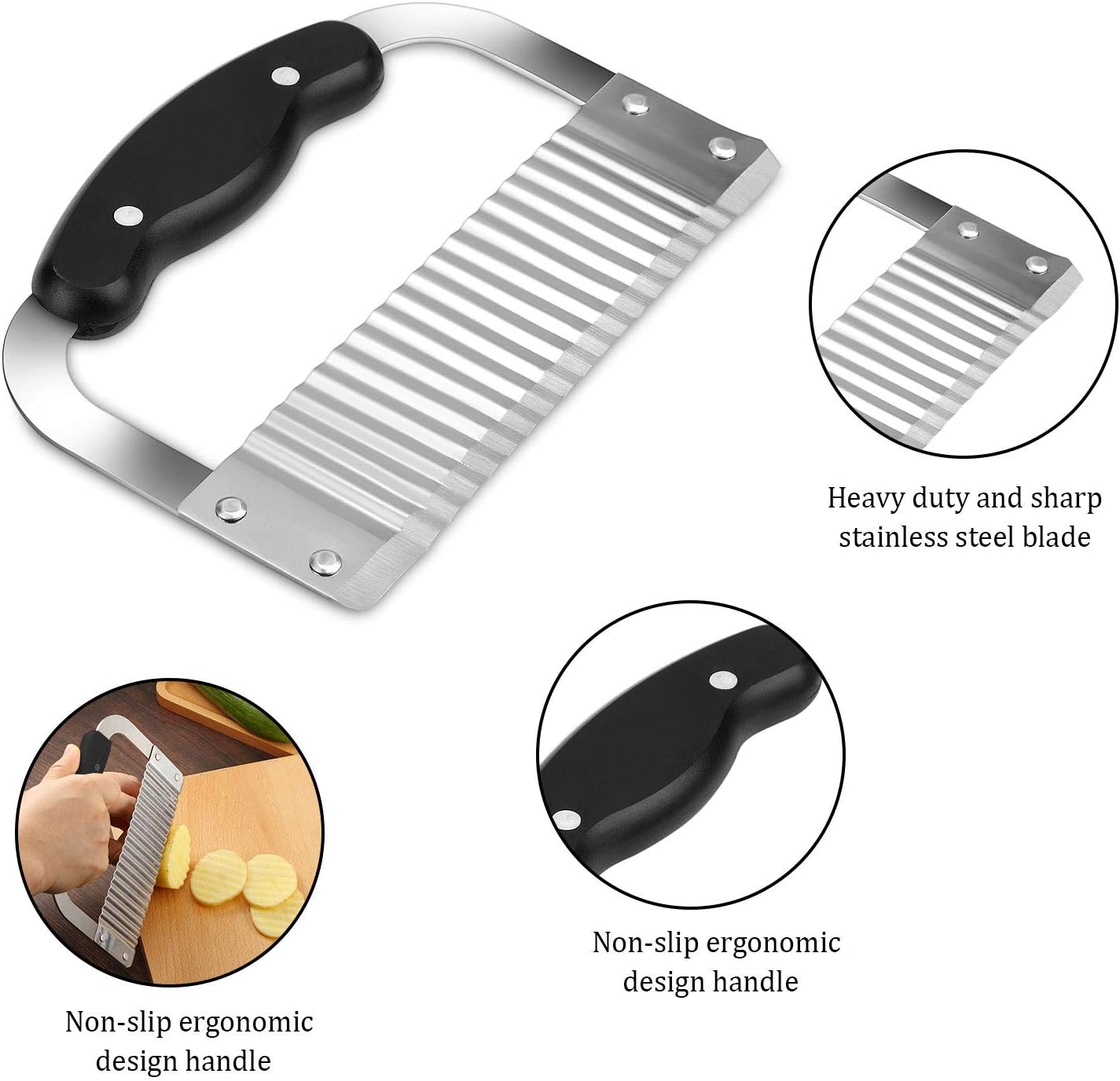 Patelai 2 Pcs Crinkle Cutter Set for Potato Vegetable French Fry, Stainless Steel Blade Wavy Slicer, Wavy Crinkle Cutting Tool Salad Chopping Knife Soap Fruit French Fry Slicer(Plastic Handle,Black)