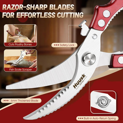 Huusk Poultry Shears Heavy Duty – All Purpose Japanese Kitchen Scissors for Chicken, Meat, Fish, Vegetables & Pizza with Ergonomic Non-Slip Red Handle, Gifts for Women Men