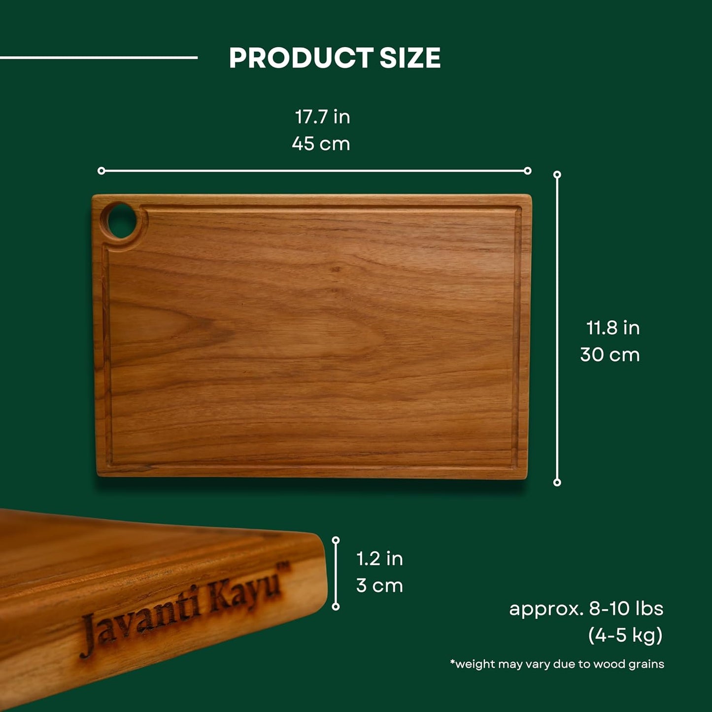 Teak Edge Grain Cutting Board – Premium Handmade Wood Chopping Board with Juice Groove & Handles, Knife-Friendly, Extra Thick Charcuterie – Made in Indonesia - L - 17.7 x 11.8 x 1.2 in
