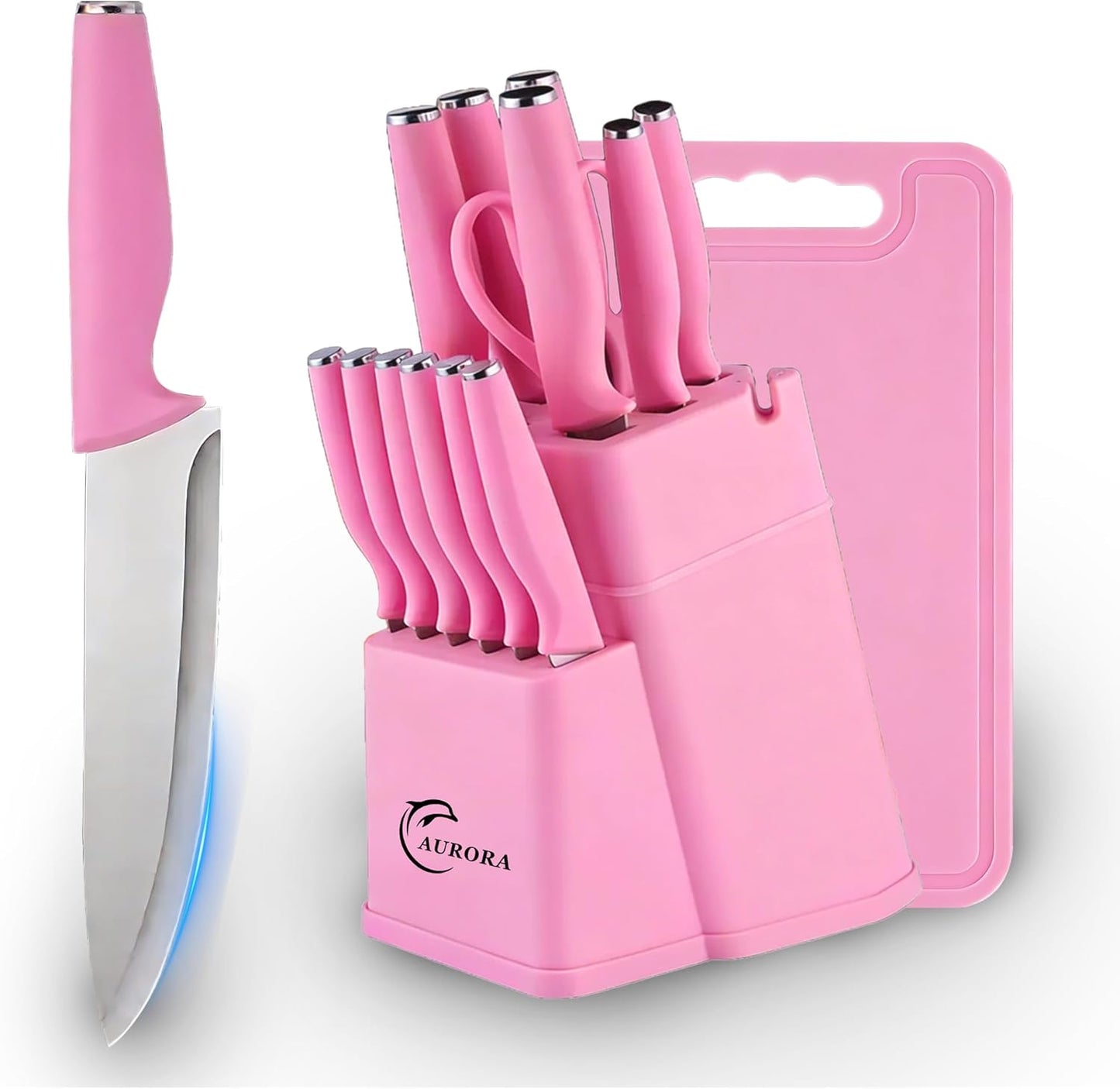 Knife Set, 15 Piece Knife Block Set with Built-in Sharpener, Dishwasher Safe, Rust Resistant, Ergonomic Handle, Stainless Steel White