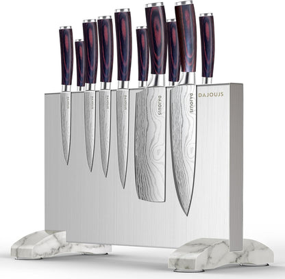 Magnetic Knife Holder, Stainless Steel Magnetic Knife Block without Knives, Strong Double Sided Magnet Knife Storage Strip with Wood Base for Kitchen Counter-Silver
