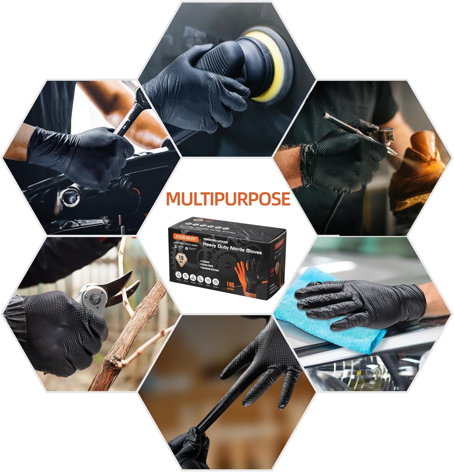 ANBOSON 10 Mil Diamond Textured Nitrile Gloves, Heavy Duty Disposable, Extra Thick, Latex & Powder Free, Chemical and Puncture Resistant, Ideal for Auto Repair, Cleaning, Painting, X-Large