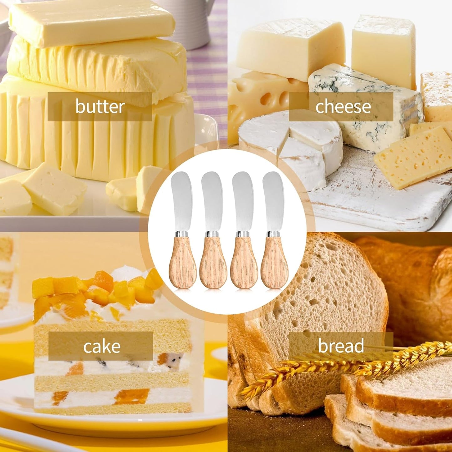 Hetenoyo 4 Pcs Cheese Spreader Knives, Wooden Handle Mini Butter Knife Spreader Stainless Steel Cheese Knife Set for Condiments, Cheese, Cream, Butter, Sandwich, Charcuterie Board Accessories