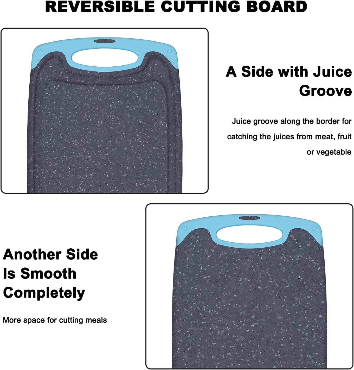 Viretang Plastic Cutting Boards Set of 3 for Kitchen, Thick Chopping Board with Deep Juice Grooves, Non‑Slip Feet, Easy Grip Handle, BPA Free, Dishwasher Safe,Black