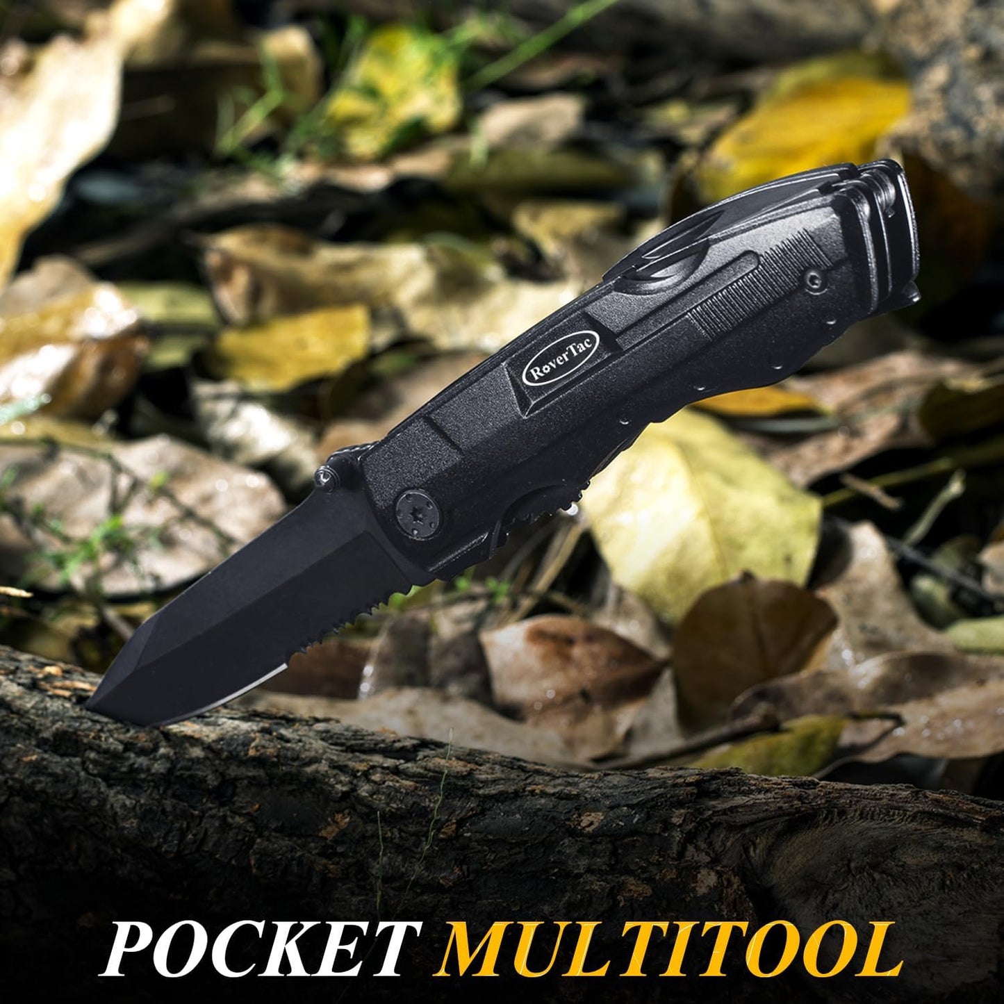 RoverTac Pocket Knife, 15-in-1 Multitool with Pliers, Bottle & Can Opener, 9 Screwdriver Bits, Locking Mechanism & Nylon Sheath - EDC Multi Tool for Camping, Hiking & DIY, Gift for Men & Dad