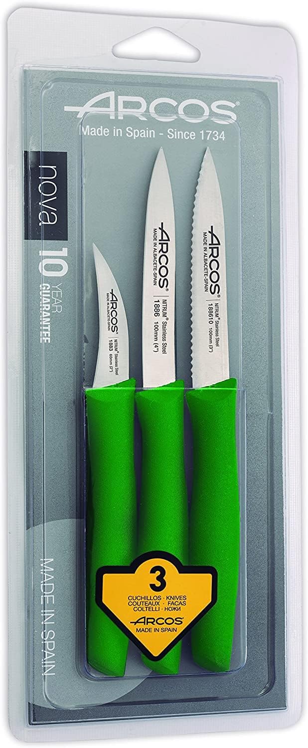 Arcos Set 3 pieces Paring Knife 3 Inch. 3 Paring Knives of Stainless Steel and Ergonomic Polypropylene Handle for Cutting Fruits, Vegetables and Tubers.. Series Nova. Color Black