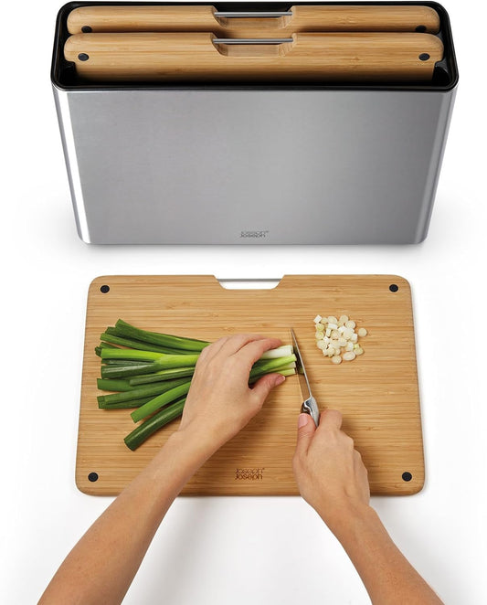 Joseph Joseph Folio 4-Piece Color-Coded Chopping Board Set, Stainless Steel Slimline Case for Organized Kitchen Storage, Light Stone