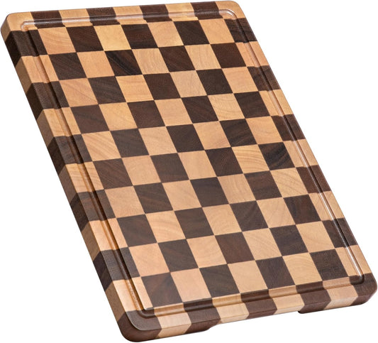Checkered Cutting Board, Wooden Cutting Boards for Kitchen, Acacia Wood Cutting Board with Handle & Juice Grooves, Small Charcuterie Boards with Gift Box, 14" X 11" X 0.8"