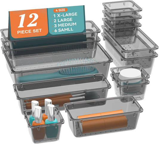 ElegantArray 24 PCS Drawer Organizer Set, 4 Sizes Tool Storage Trays, Clear Plastic Makeup Vanity Organizer and Storage Bins for Makeup, Stationeries, Multiple Gadgets for Bathroom, Office, Bedroom