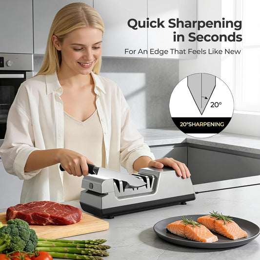 Narcissus Knife Sharpener, 3 Stages Diamond Electric Knife Sharpener for Stainless Steel and Ceramic Kitchen Knives, 40 Seconds Quick Repairing & Polishing, Open Design Port for Scissors Sharpening