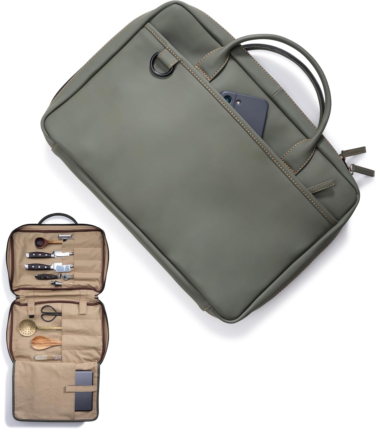 Angus Stoke XXL premium knife case - extra large knife bag with extras and laptop compartment | water-repellent cooking bag Nelson (Olive-Green)