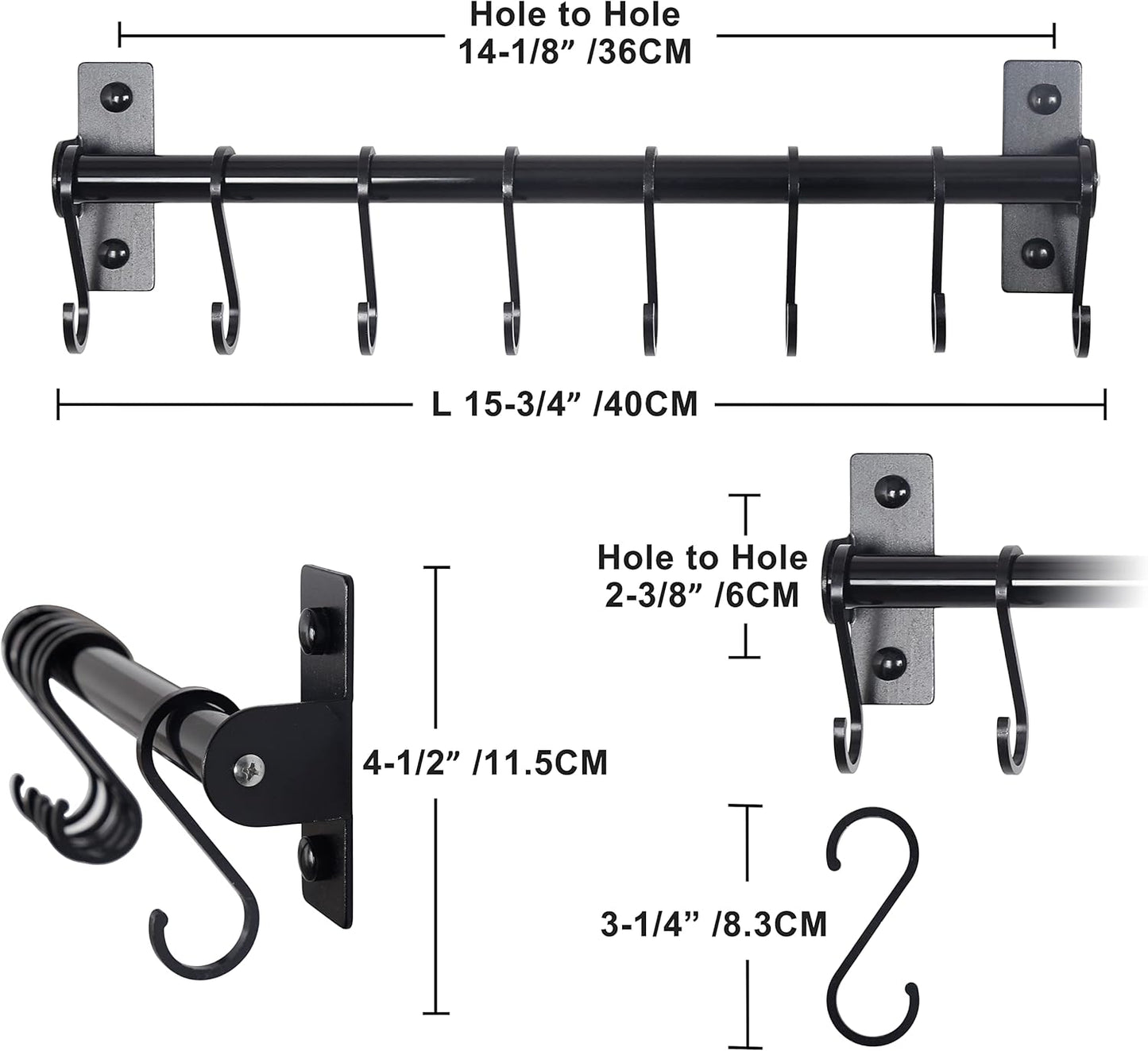 Dseap Kitchen Utensil Holder Hanger, Pot and Pan Rack Wall Mounted, Kitchen Rail with 8 Hooks for Hanging Cooking Utensils, Mugs, Spoons, Wall Mounted, Silver