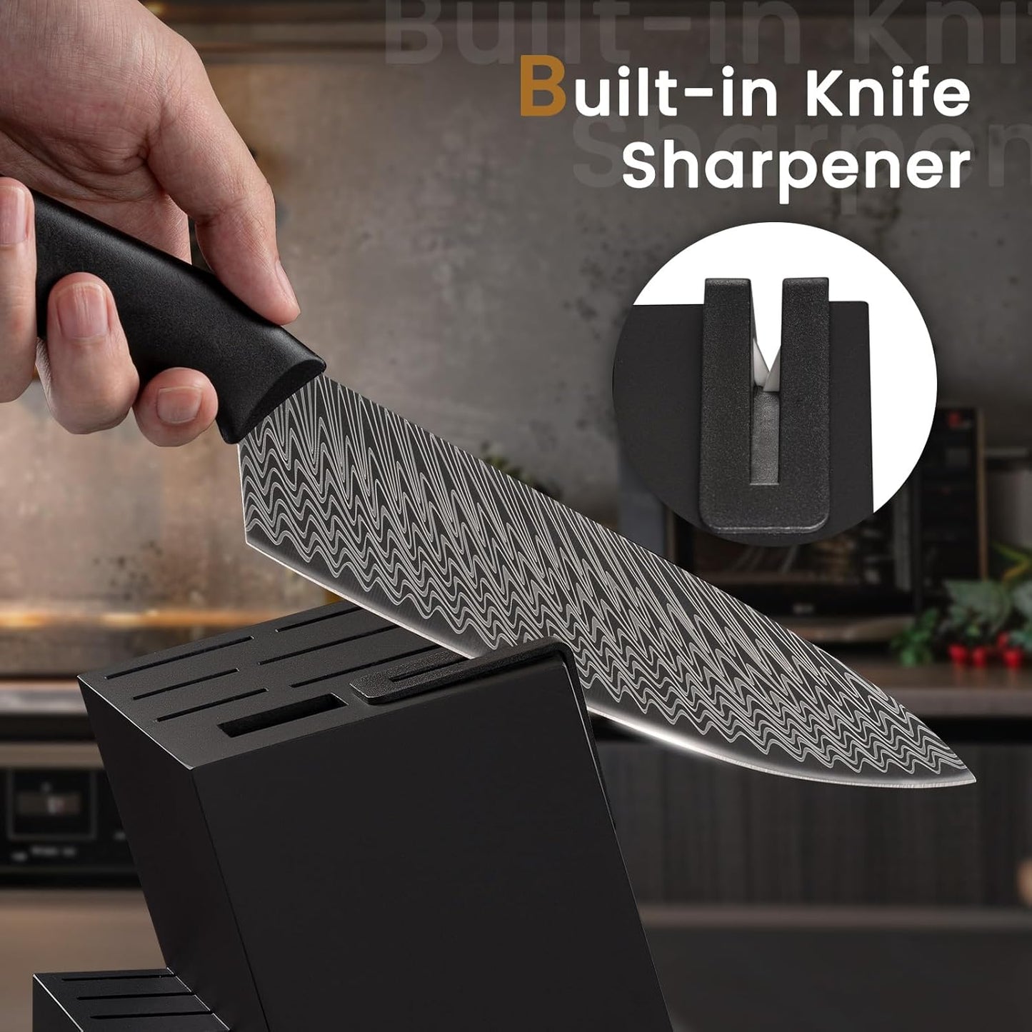 Amorston 15-Piece Kitchen Knife Set with Built-in Sharpener Block, German High-Carbon Stainless Steel Knives, Laser-Etched Blades, Dishwasher Safe, Ergonomic Handles, Elegant Gift for Modern Kitchens