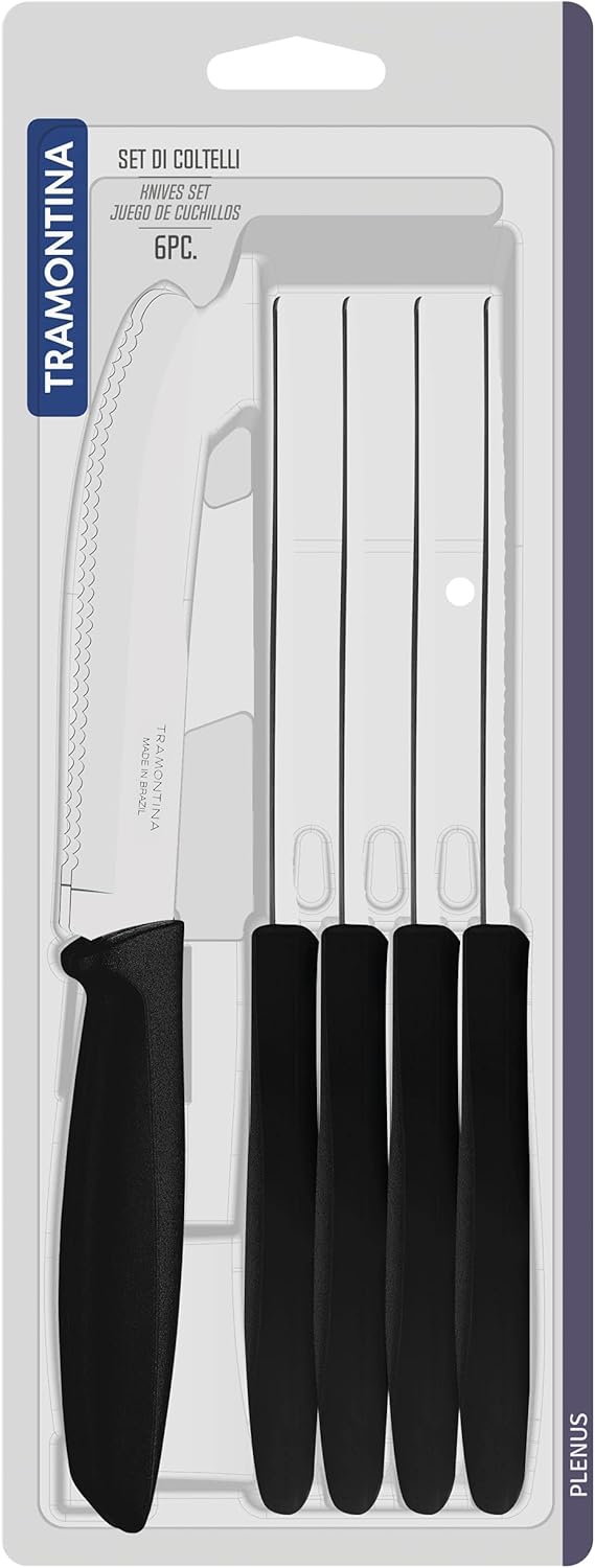Tramontina Kitchen Knives Set of 6, Serrated Fruit Tomato Cooking Knife, Vegetable Chopper Peeler, Stainless Steel, Multipurpose, Pointed Tip, Brown, 23498454