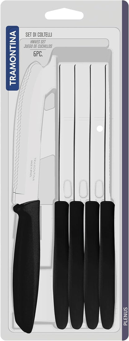 Tramontina Kitchen Knives Set of 6, Serrated Fruit Tomato Cooking Knife, Vegetable Chopper Peeler, Stainless Steel, Multipurpose, Pointed Tip, Brown, 23498454