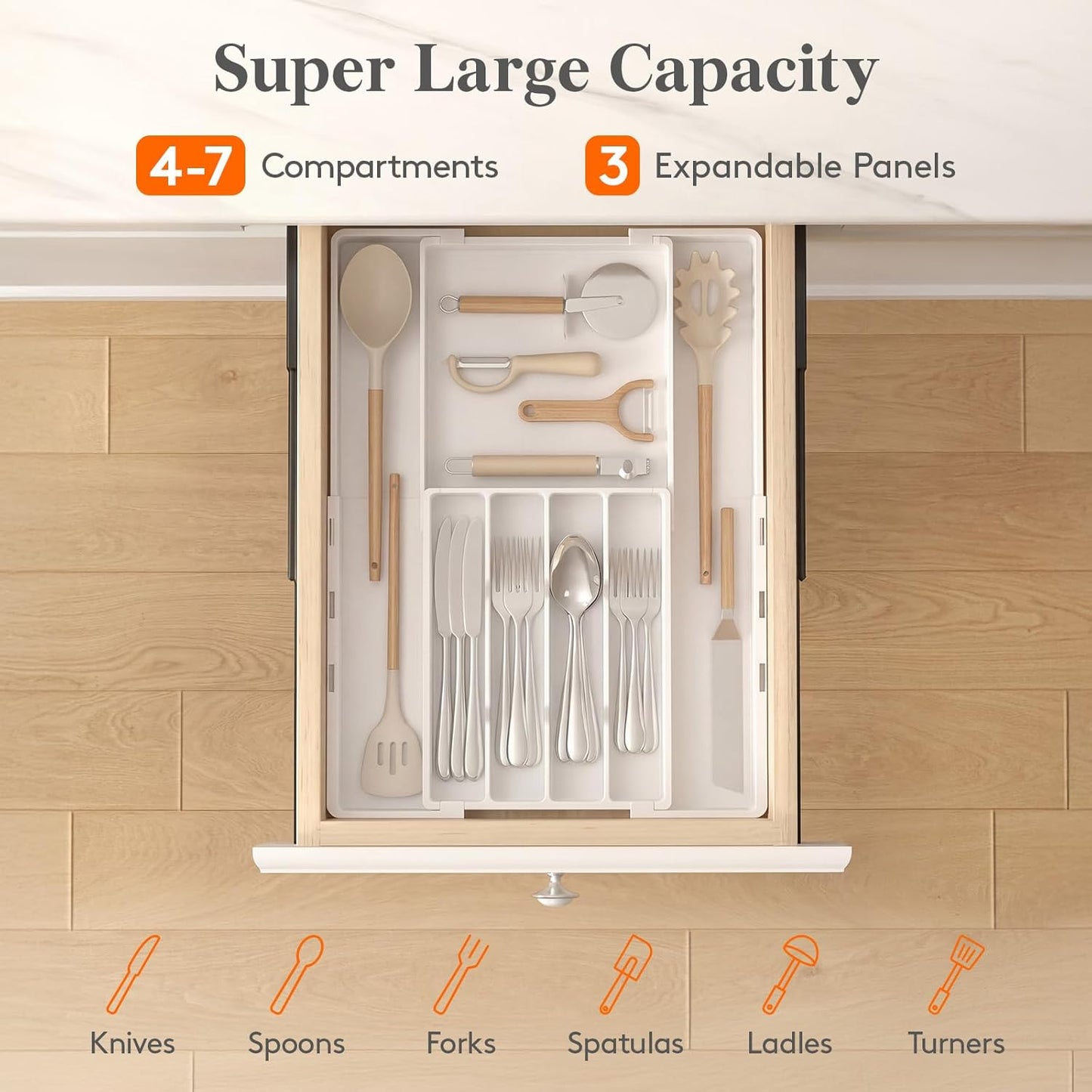Lifewit Silverware Drawer Organizer, Expandable Utensil Tray for Kitchen, BPA Free Flatware and Cutlery Holder, Adjustable Plastic Storage for Spoons Forks Knives, 4-7 Slots, White