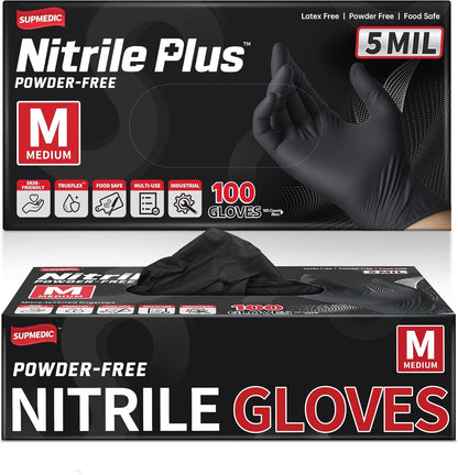 Supmedic Disposable Nitrile Gloves, 5Mil Chemical Resistant Powder-Free Latex-Free Glove Exam Cook Tattoo, Black Blue 100Pcs
