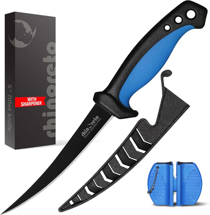 Rhinoreto Fillet Knife for Fish - Razor Sharp G4116 German Stainless Steel Blade, 6.5 Inch Professional Filleting & Boning Knife with Non-Slip Handle, Protective Sheath & Sharpener