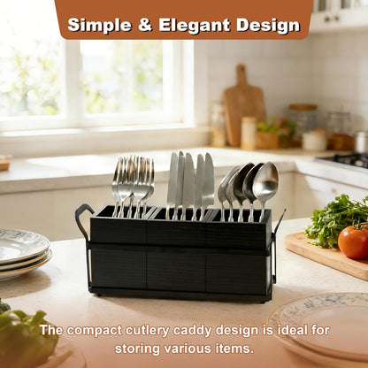 Kitchen Utensil Holder for Countertop, 3 Compartments Wooden Utensils Organizer for Cooking Utensils, Silverware, Spatula, Fork, Knife, Cutlery Storage for Kitchen Counter-White