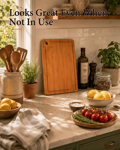 Cutting Boards for Kitchen, Bamboo Cutting Board Set of 3 with Storage Stand, Deep Carbonized Chopping Boards with Deep Juice Grooves and Side Handles for Meat, Vegetables, Fruit and Meal Prep