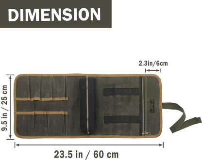 16OZ Waxed Canvas Tool Roll Bag, Heavy Duty Tool Storage Roll Bag with 7 Tool Slots & 1 Detachable Pouch, Khaki Tool Organizer for Wrenches and Tools (23.5"L x 9.5"W)