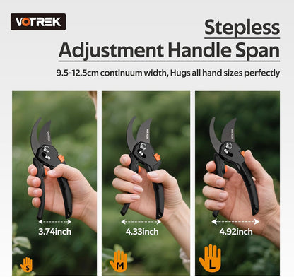 VOTREK® Pruning Shears, [Patented Stepless Handle Opening] - Garden Clippers with Ultra-Sharp SK5 Steel for Weak Hand, Bonsai Scissor Universal Fit for All Hand Sizes, Effortlessly Cut 1-Inch Branches