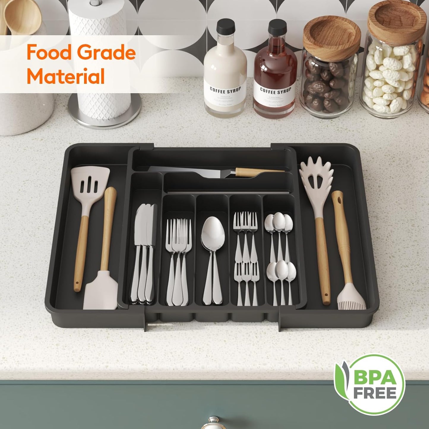 Lifewit Utensil Organizer for Kitchen Drawer, Expandable Cooking Silverware Tray, Adjustable Cutlery Flatware Holder, Plastic Spatula Tools Storage Divider, 14.4 x 15.8", Black