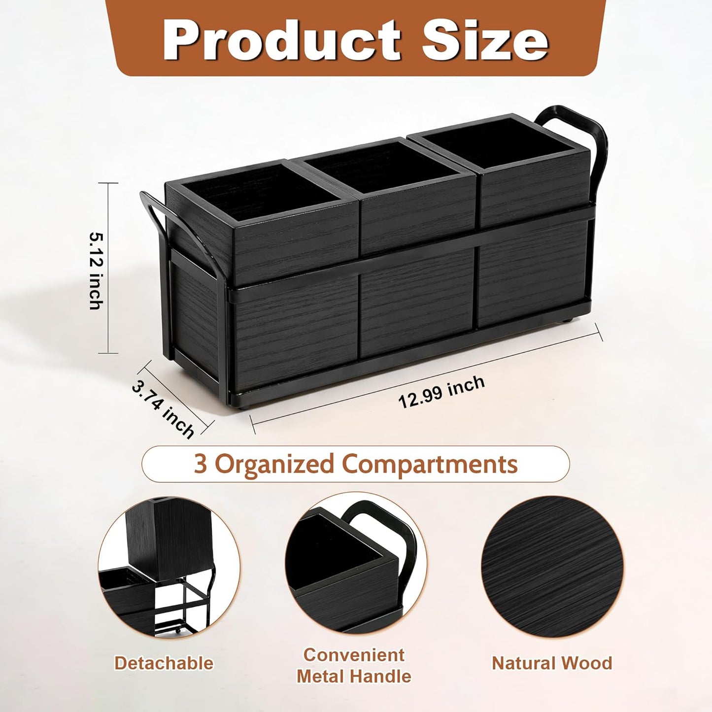 Kitchen Utensil Holder for Countertop, 3 Compartments Wooden Utensils Organizer for Cooking Utensils, Silverware, Spatula, Fork, Knife, Cutlery Storage for Kitchen Counter-White