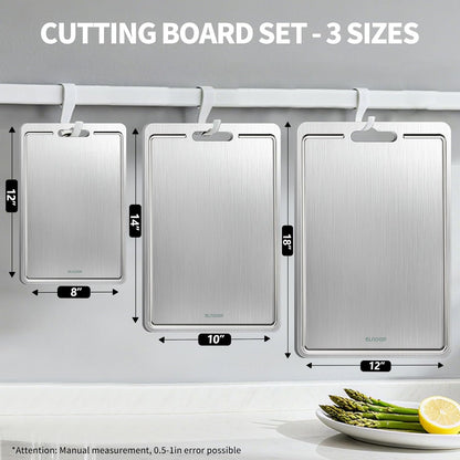 3pcs 100% Pure Titanium Cutting Boards with Juice Groove, Double-Sided Non-Toxic Chopping Boards for kitchen Meat, Vegetables and Fruits, Dishwasher Safe, Grey(9"×12" / 10"×14" / 12"×18")