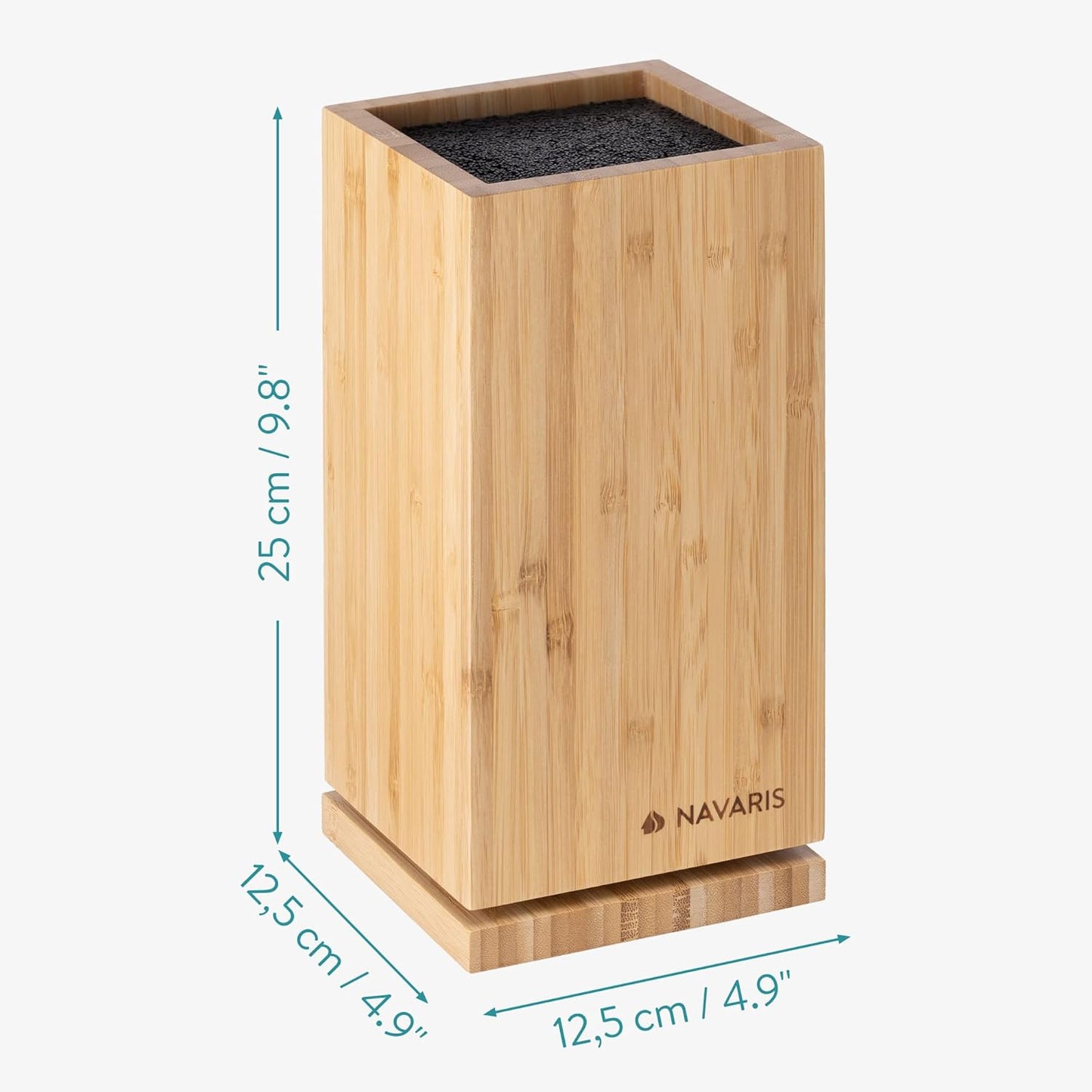 Navaris Bamboo Kitchen Knife Block - Magnetic Rotating Bristle Knife Holder - Universal Knife Block Storage Stand with Bristles - 9.8" x 4.9" x 4.9"