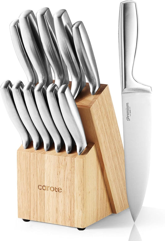 CAROTE 12-Piece Knife Set, All-Stainless Steel Knife Block Set, Kitchen Knives with Wooden Block, Razor-Sharp and Ergonomic, Easy Cleaning
