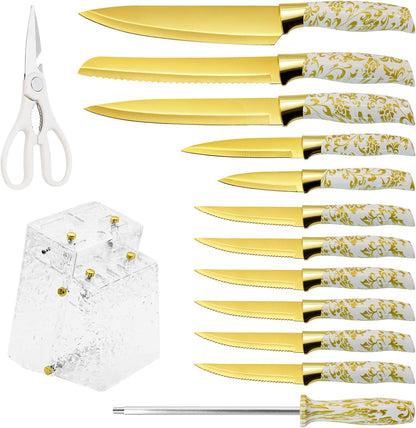 Kitchen Knife Set Non Stick Knives with Block, Serrated Steak Knife, Chef Knife, Bread Knife, Scissors, Sharpener, 14Pcs Stainless Steel Ultra-Sharp Cutlery Block Sets with Titanium Coated Blade
