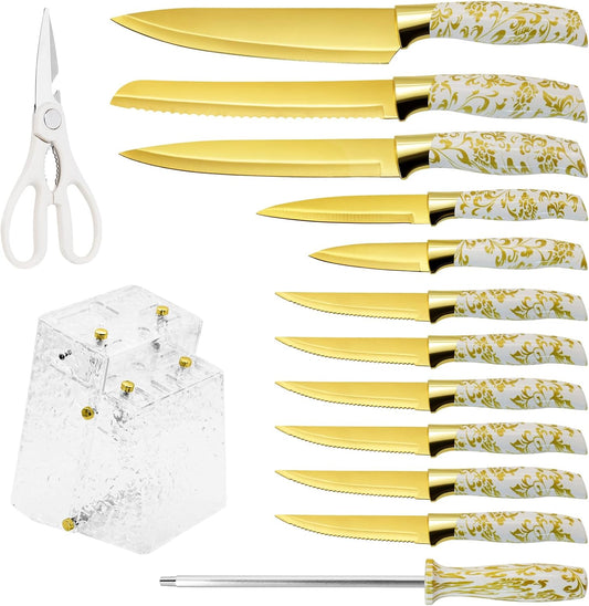 Kitchen Knife Set Non Stick Knives with Block, Serrated Steak Knife, Chef Knife, Bread Knife, Scissors, Sharpener, 14Pcs Stainless Steel Ultra-Sharp Cutlery Block Sets with Titanium Coated Blade