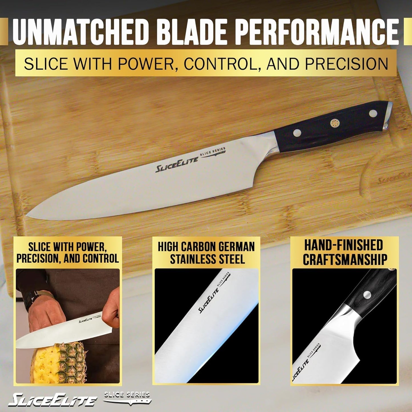 SliceElite Slice Series 8 Inch Carving Knife High Carbon German Stainless Steel Pakkawood Handle Brisket Slicer Chopper BBQ Chef Sharp Fruit Vegetable Butcher Kitchen Cutting Meat Tool Gift Precision